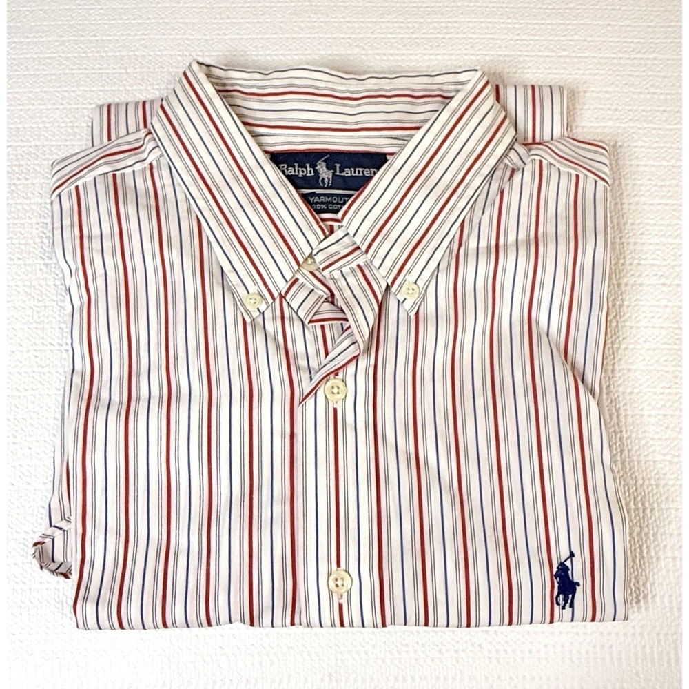 Ralph Lauren Yarmouth Shirt Mens 16 34 Red Blue Stripe Button Down Classic Fit - Picture 2 of 9